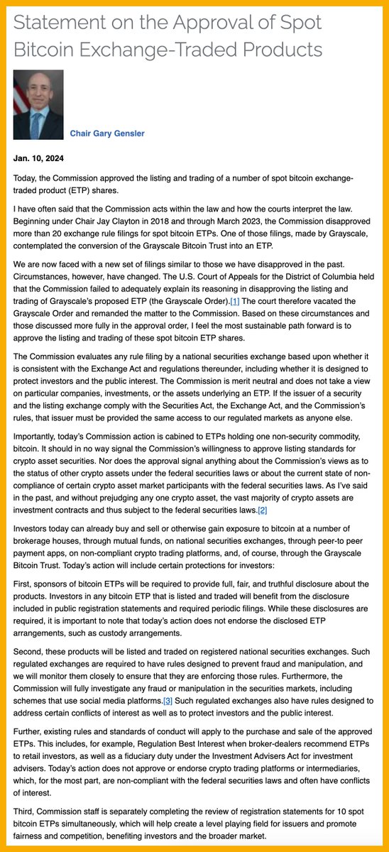 Thuận mới vừa đọc thông báo từ Gary Gensler... mặc dù đã phê duyệt Bitcoin Spot ETF, Gary Gensler tỏ ra khá cay cú trong thông báo của mình 😆😆😆

1- "...Ủy ban đã từ chối hơn 20 đề xuất cho các sản phẩm Bitcoin ETF. Một trong những đề xuất đó là của