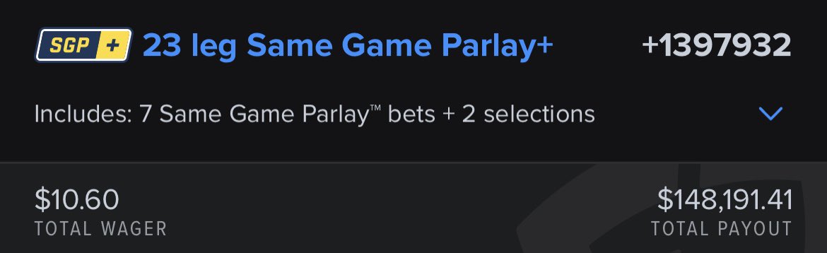 Y’all…. Couldn’t get +100,000 odds……..

I GOT +1,397,792 ODDS

$10.60—->$148,000 NBA SPICY MEGA 🌶️ 

1060 LIKES AND RT AND IT’S RELEASED!!! LFGGGG