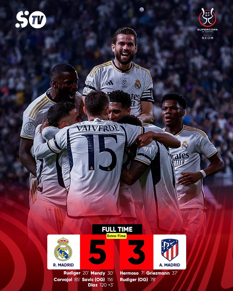 SportyTV's tweet photo. Awesome Event With Lots of Goals - Madrid Makes Spanish Super Cup Final!🤩
FT: Real Madrid 5️⃣ - 3️⃣ Atletico Madrid.
#SportyTV #SpanishSuperCup #ReaAtl #RealAtletico #football #highlights https://t.co/2b6H9lv4DC