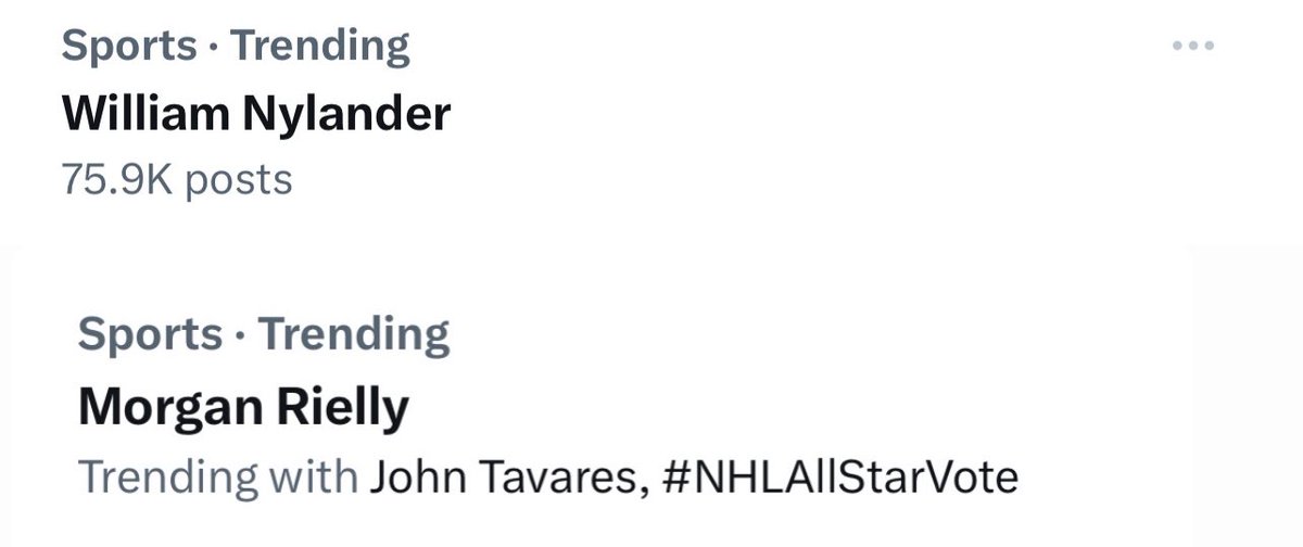 Leafs twitter is the best💙🗳️
#NHLAllStarVote  William Nylander
#NHLAllStarVote  Morgan Rielly
#NHLAllStarVote  Mitch Marner
#NHLAllStarVote  John Tavares