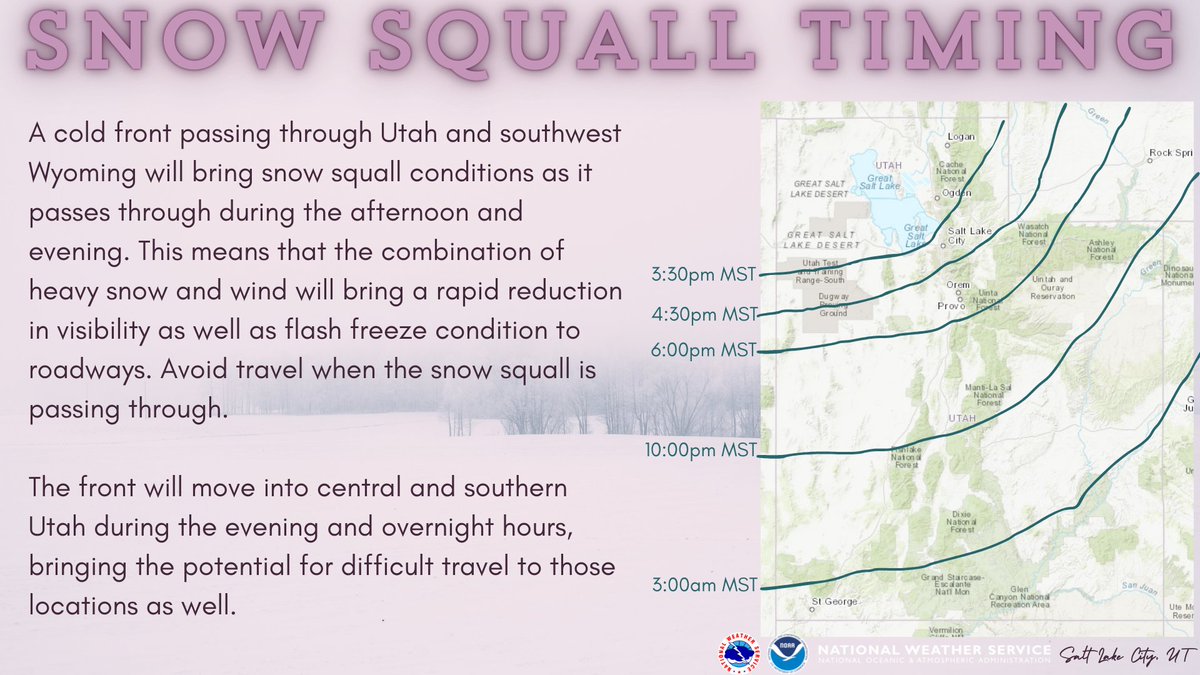 NWSSaltLakeCity's tweet photo. SNOW SQUALL TIMING UPDATE: our cold front is moving through the Wasatch Front a bit faster than previously forecast. Here is our latest forecast for anticipated timing across Utah and SW Wyoming. Remember that travel conditions will quickly deteriorate with the squall! https://t.co/kkEPgaEMTs