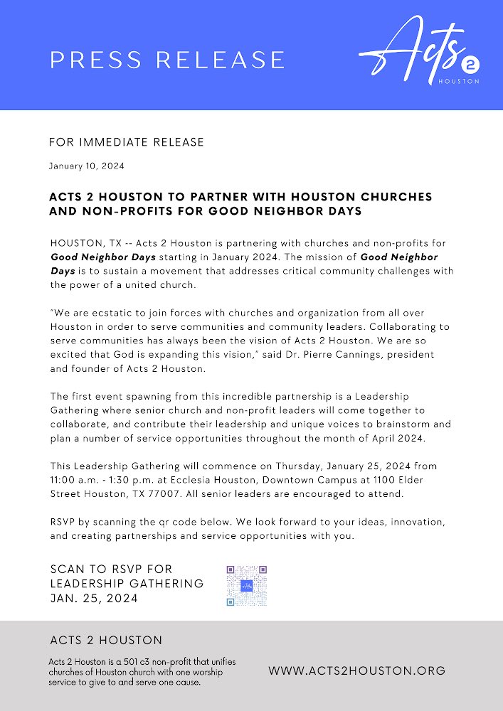 Acts2H's tweet photo. GET EXCITED! @Acts2H is partnering with #GoodNeighborDays starting Jan. 2024 to serve churches and communities. Good Neighbor Days will bring together churches and non-profits through service projects in April 2024. #Acts2Houston #goodneighbordays https://t.co/m14XZLK2ij https://t.co/h80ZIWQlKV