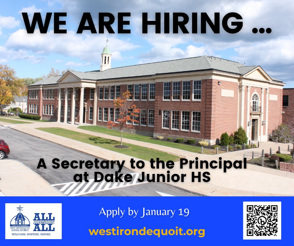 Dake Jr. HS needs a Secretary to the Principal for its main office. You'll work with a great staff &amp; terrific students (grades 7-8)!

Apply by tomorrow!

For more info or to apply, go to bit.ly/WI_Clerical