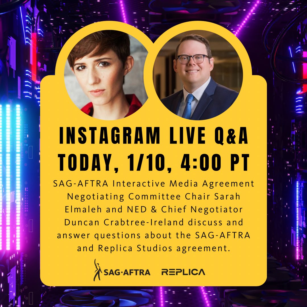 🎙️🔴 Join us today at 4pm PT for an insightful live discussion! SAG-AFTRA's Interactive Media Agreement Negotiating Committee Chair @selmaleh and NED & Chief Negotiator @DuncanCI will dive into the details of the SAG-AFTRA and Replica Studios agreement. Don't miss out!