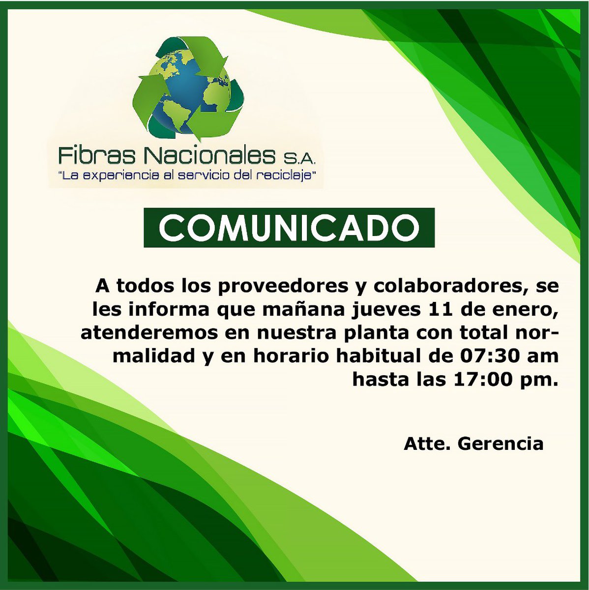 FIBRANAC_SA's tweet photo. A todos nuestros proveedores y colaboradores, anunciamos que mañana jueves 11 de enero, retomamos nuestras labores en horario habitual. https://t.co/8qdaXNV4JJ