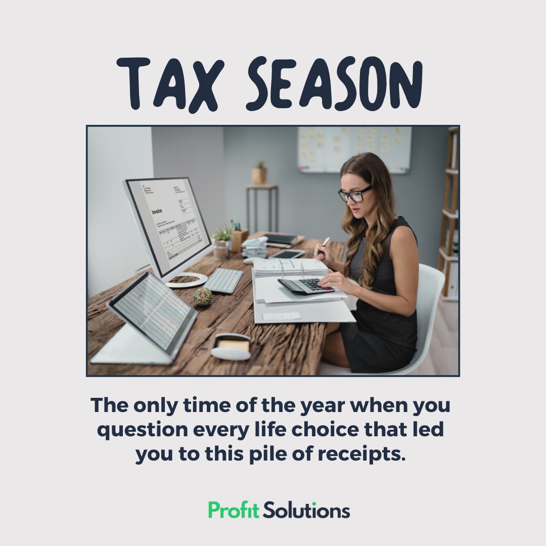 Tax season: the only time of the year when you question every life choice that led you to this pile of receipts. Let us make sense of it all! 🧾🤔 
 #profitsolutions #business #consultingfirm #accountingfirm #finance #management #taxproblem #taxseaso