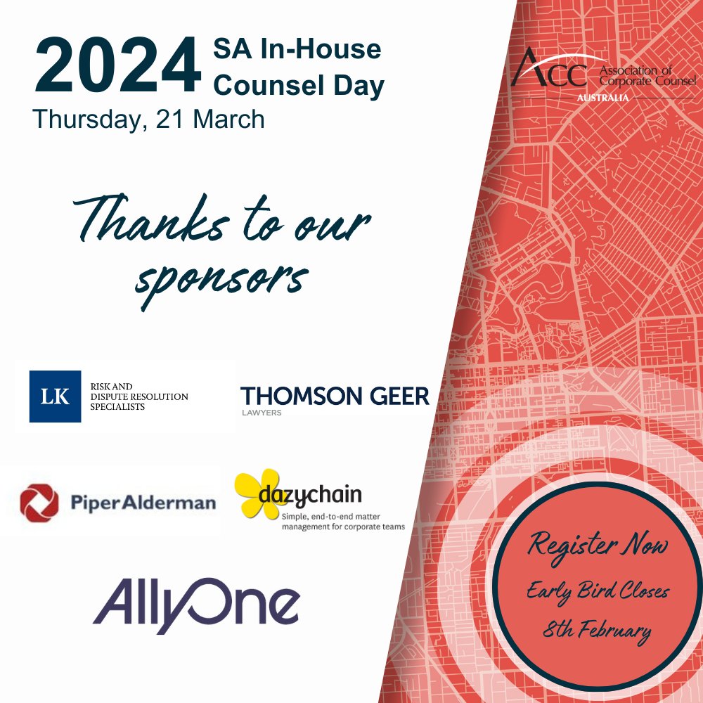 🌟 A huge THANK YOU to our incredible sponsors of the 2024 SA In-House Counsel Day that will be held on the 21 March! Don't miss out on your early bird ticket. Register here: acc.eventsair.com/2024-sa-in-hou… Early Bird Closes 22 Feb. #ihcd24 #byinhouse
