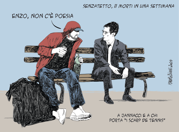 nonsonpago1's tweet photo. "#Senzatetto, #11morti in una settimana"
"#Enzo, non c'è #poesia"
"A #Jannacci e a chi porta "i scarp de tennis"

Meravigliosa...💔😔

#Biani !❣️

"Gh'an guarda' el pareva nisün
L'an tuca', ghe'l pareva che 'l durmiva;
Lasa sta', che l'e' roba de barbun."

@maurobiani
@repubblica https://t.co/DwrslelRtb
