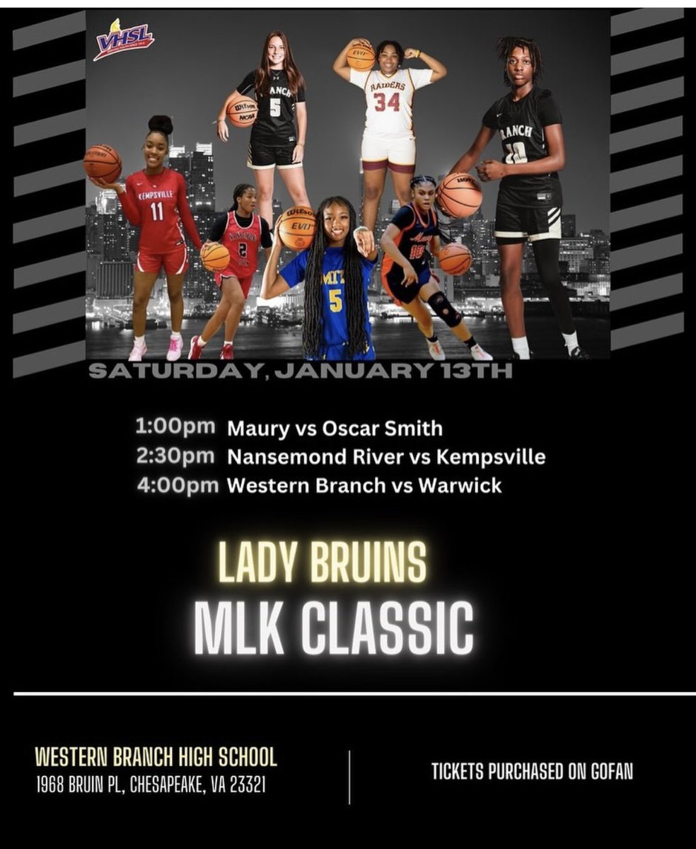 NewBranch11's tweet photo. This Saturday come support our Lady Bruins in the 1st MLK Classic event featuring some top 15 ranked teams and young talent ! #Bruins 💛💙🐻🏀 https://t.co/QhMeg9yGze