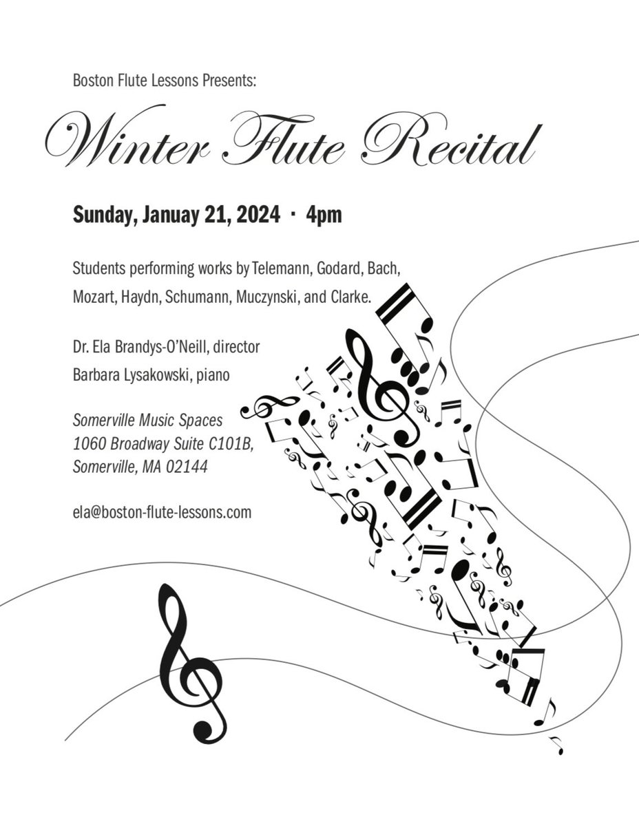 Flute_Boston's tweet photo. Are you looking to hear a live flute concert? BFL students will perform a studio recital on Sunday, January 21st at 4pm in Somerville Music Spaces in Somerville, MA 🎶The concert is free and open to public. #flute #concert #students #performance #flutestudent #music #bfl #flutist https://t.co/aTtqte9LSx