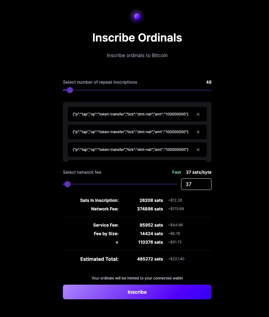 ordinalswallet's tweet image. HOW TO BULK INSCRIBE TRANSFER INSCRIPTIONS FOR $NAT and TAP TOKENS

1. go to: ordinalswallet.com/inscribe
2. click &quot;TAP&quot;
3. enter: dmt-nat
4. enter amount
5. select number of repeat inscriptions