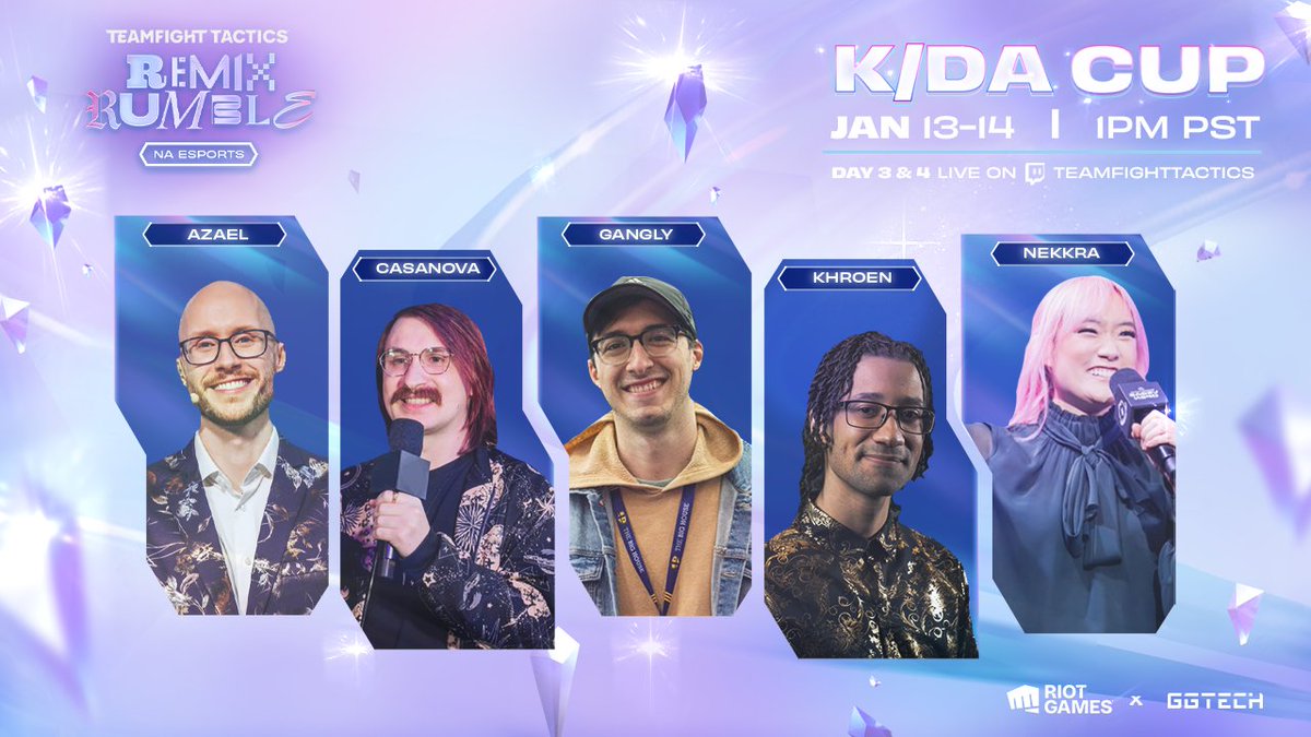 Teamfight Tactics (@tft) on Twitter photo You know who it is, coming 'round again! We're introducing our dazzling talent lineup for the K/DA Cup!
⭐ <a href="/AzaelOfficial/">Isaac CB</a>
⭐ <a href="/CasanovaCasts/">Casanova</a>
⭐ <a href="/Gangly_/">Nick DePasquale</a>
⭐ <a href="/Khroen/">Khroen</a>
⭐ <a href="/Nekkra/">Rosemary Kelley</a>
Tune into twitch.tv/teamfighttacti… on Jan 13-14 at 1PM PST! You know who it is, coming 'round again! We're introducing our dazzling talent lineup for the K/DA Cup!
⭐ <a href="/AzaelOfficial/">Isaac CB</a>
⭐ <a href="/CasanovaCasts/">Casanova</a>
⭐ <a href="/Gangly_/">Nick DePasquale</a>
⭐ <a href="/Khroen/">Khroen</a>
⭐ <a href="/Nekkra/">Rosemary Kelley</a>
Tune into twitch.tv/teamfighttacti… on Jan 13-14 at 1PM PST!