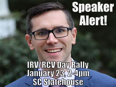 betterballotsc's tweet photo. Irmo Town Council Member Erik Sickinger will be speaking at the IRV/RCV Day Rally! Join us to hear why municipalities want #instantrunoffvoting! RSVP today: https://t.co/oyziMT3obl
#RankedChoiceVoting #scpol #MoreVoiceMoreChoice #rally #IRVDay #RCVDay https://t.co/zf4Vcg9u9A