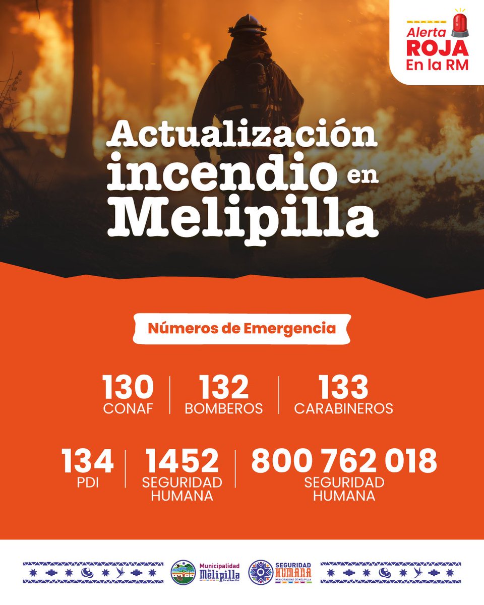 🔴 Alerta Roja para la comuna de Melipilla 🔴 Incendio en combate en el sector de Campanario, sin viviendas afectadas hasta el momento. 🔴 Equipos de emergencia desplegados: 2 helicópteros medianos, 2 helicópteros livianos, 1 helicóptero semi pesado y 1 avión cisterna.