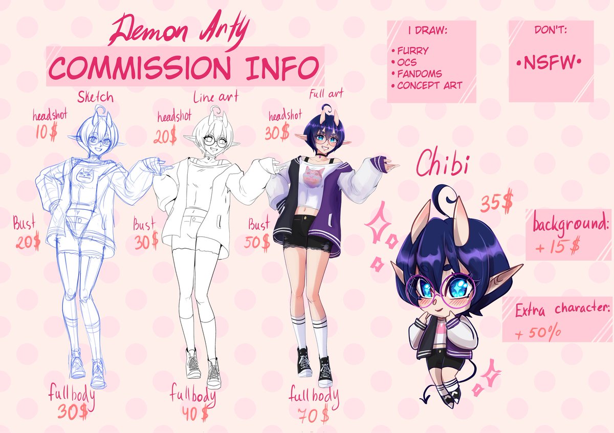 ArtyDemon's tweet image. My Commission Price list!!!
Some changes to my original list.
Yes now i have prices on sketcher and lineart! And also Chibi characters!!!
More of my art you can find on my page))))✨✨✨