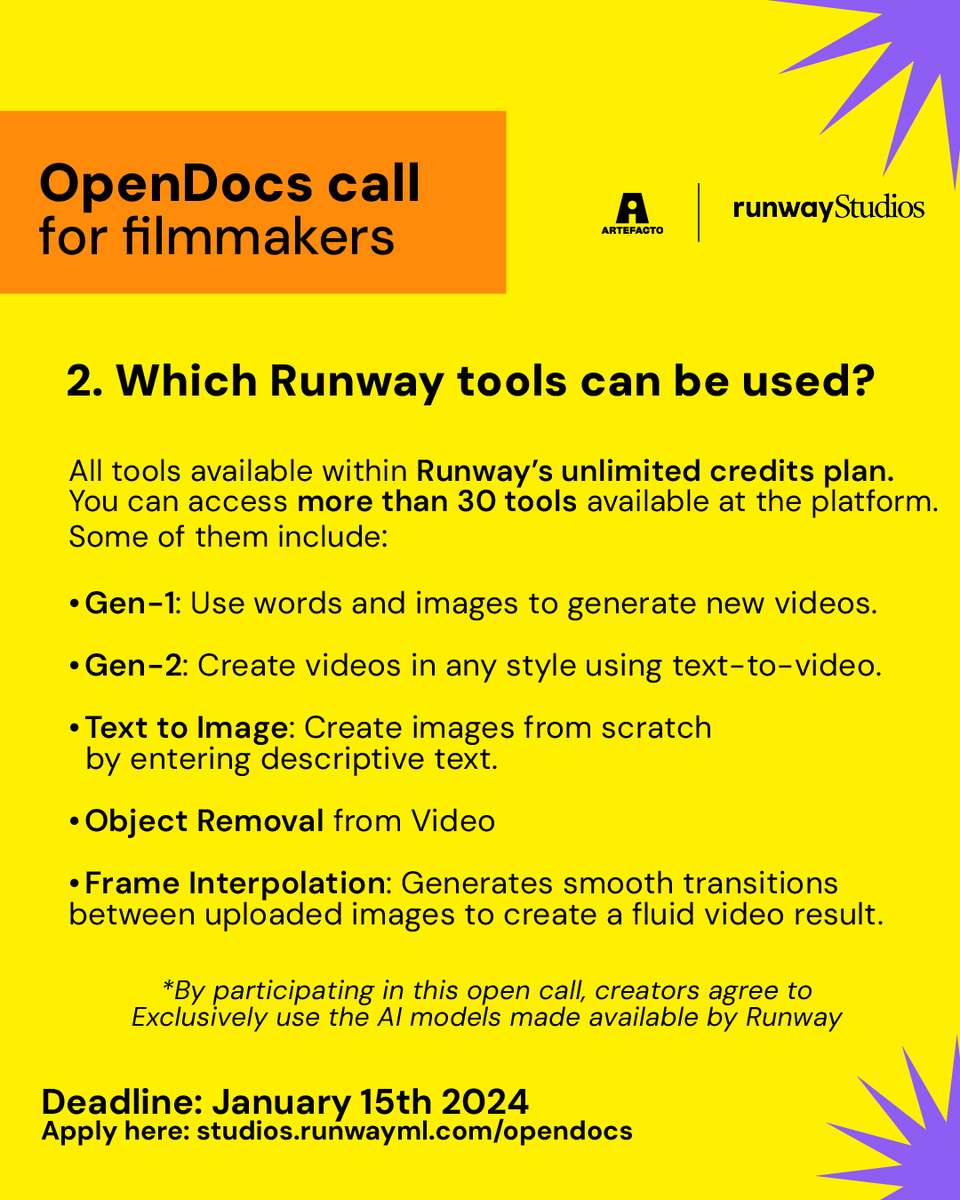 artefactofilms's tweet photo. 🚨 Only a few days left until the application deadline! #OpenDocs is a unique opportunity to receive a $2,500USD grant and discover how @runwayml 's #AI-based #tools can enhance one of your #Documentary projects.
DEADLINE: JANUARY 15TH, 2024
https://t.co/BRhN4Ke0S4 https://t.co/anYF3FqQpM