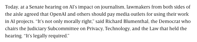 ednewtonrex's tweet photo. Very encouraging news: it looks like the US Senate may be of the opinion that generative AI companies need to pay rights holders for training.

Very pleased that they're calling out not only the legal imperative, but also the moral imperative.

https://t.co/M5civ41Uzy https://t.co/JPHxcaQAze