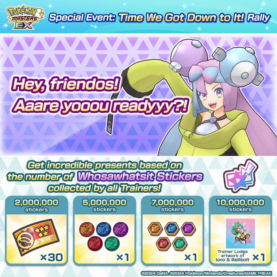 Special Event: Time We Got Down to It! will begin on January 11 at 10:00 p.m. PST! Celebrate Iono’s Pasio debut with special co-op battles! You can get incredible presents based on the total number of Whosawhatsit Stickers collected by all Trainers! 🎁✨