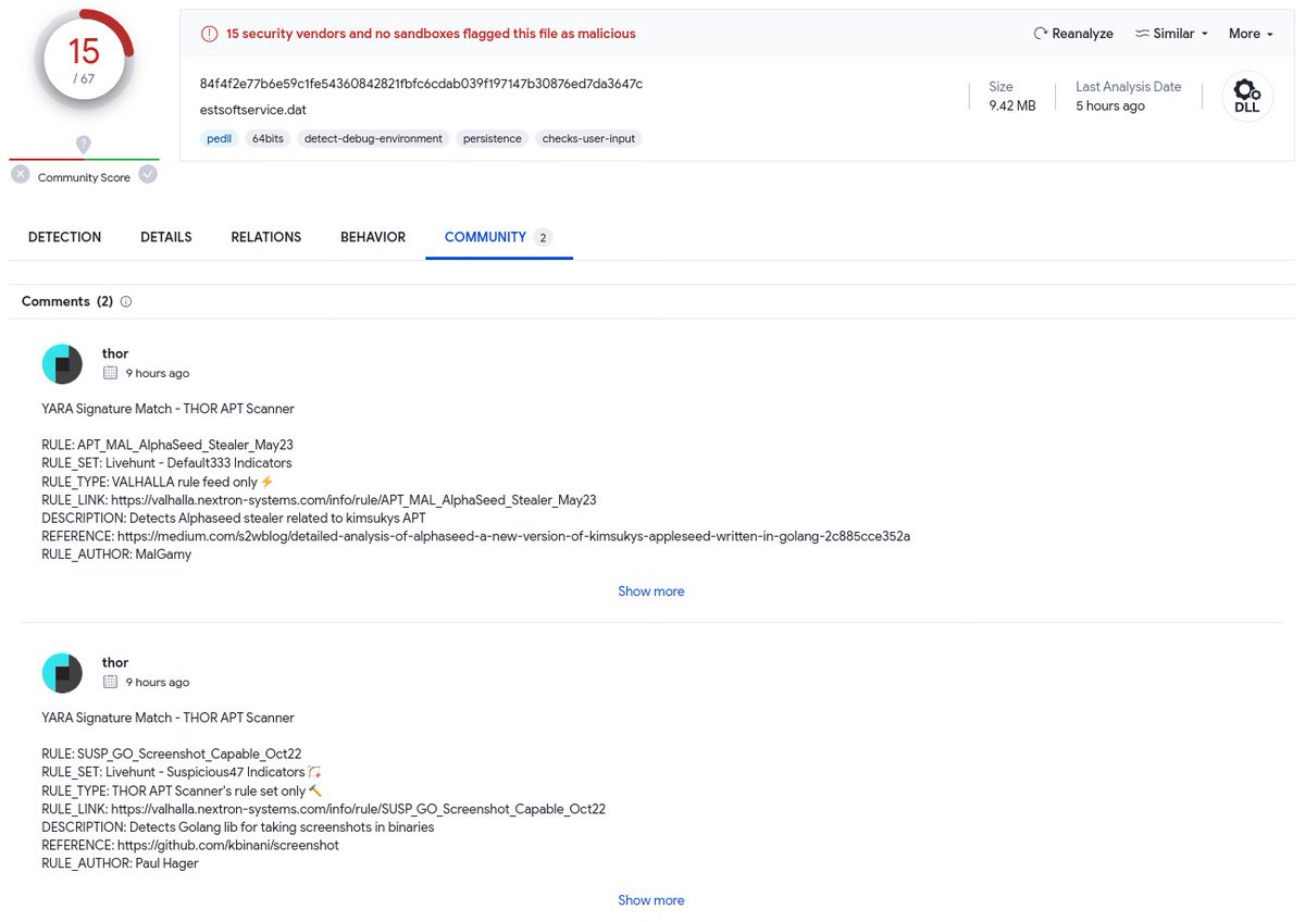 malwrhunterteam's tweet photo. "estsoftservice.dat": 84f4f2e77b6e59c1fe54360842821fbfc6cdab039f197147b30876ed7da3647c
🤔
@ShadowChasing1 @h2jazi @cyb3rops https://t.co/n3I7ykKYOg