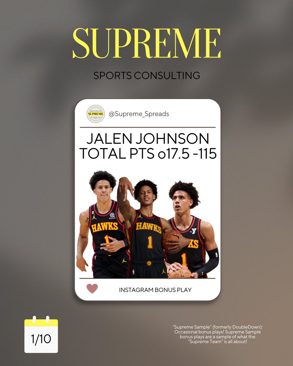 Supreme_Spreads's tweet photo. “Supreme Sample” (formerly DoubleDown): Occasional bonus plays! Supreme Sample bonus plays are a sample of what the “Supreme Team” is all about!

#sportspicks #nbapicks #freepicks #freepicksdaily #nba https://t.co/dLElhVUAsu