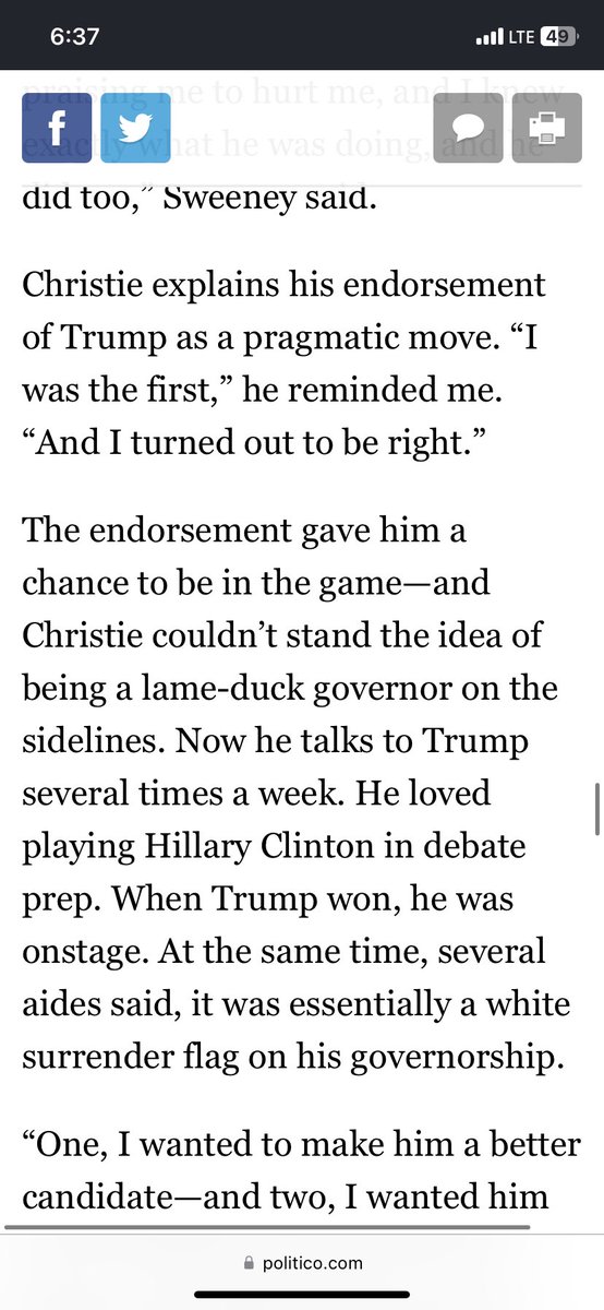 When I profiled Christie in 2017, here’s what he said of backing Trump, a decision his longest advisers hated. “I was the first. And I turned out to be right.” politico.com/magazine/story…