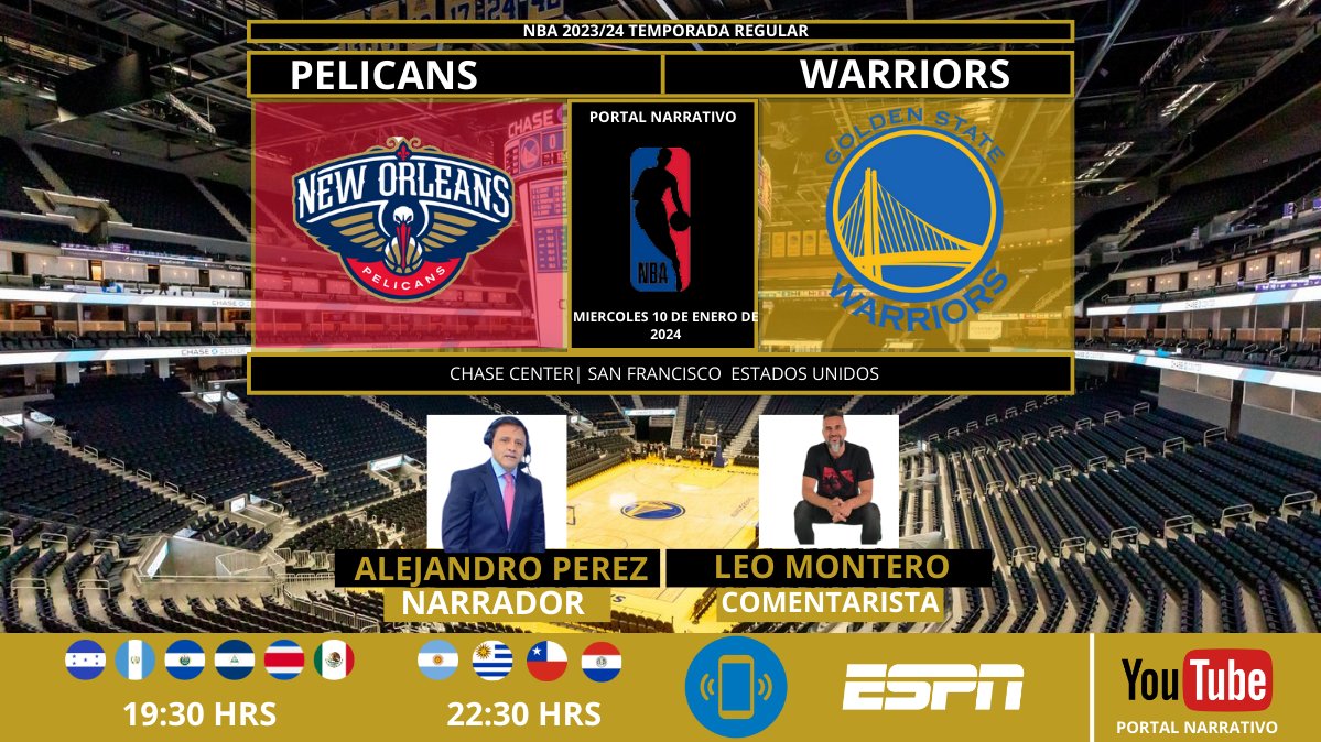 PortalNarrativo's tweet photo. 🏀 #NBA | @PelicansNBA (#Pelicans) vs. @warriors (#DubNation)
🎙 Relator: @AleRPerez
🎙 Comentarista: @soyleomontero
📺 #ESPN2 Sudamerica | #ESPNMX
@StarPlusLA
#NBAxESPN - #NBAWednesday
Dale RT 🔃 https://t.co/QMFe7OmqJ5