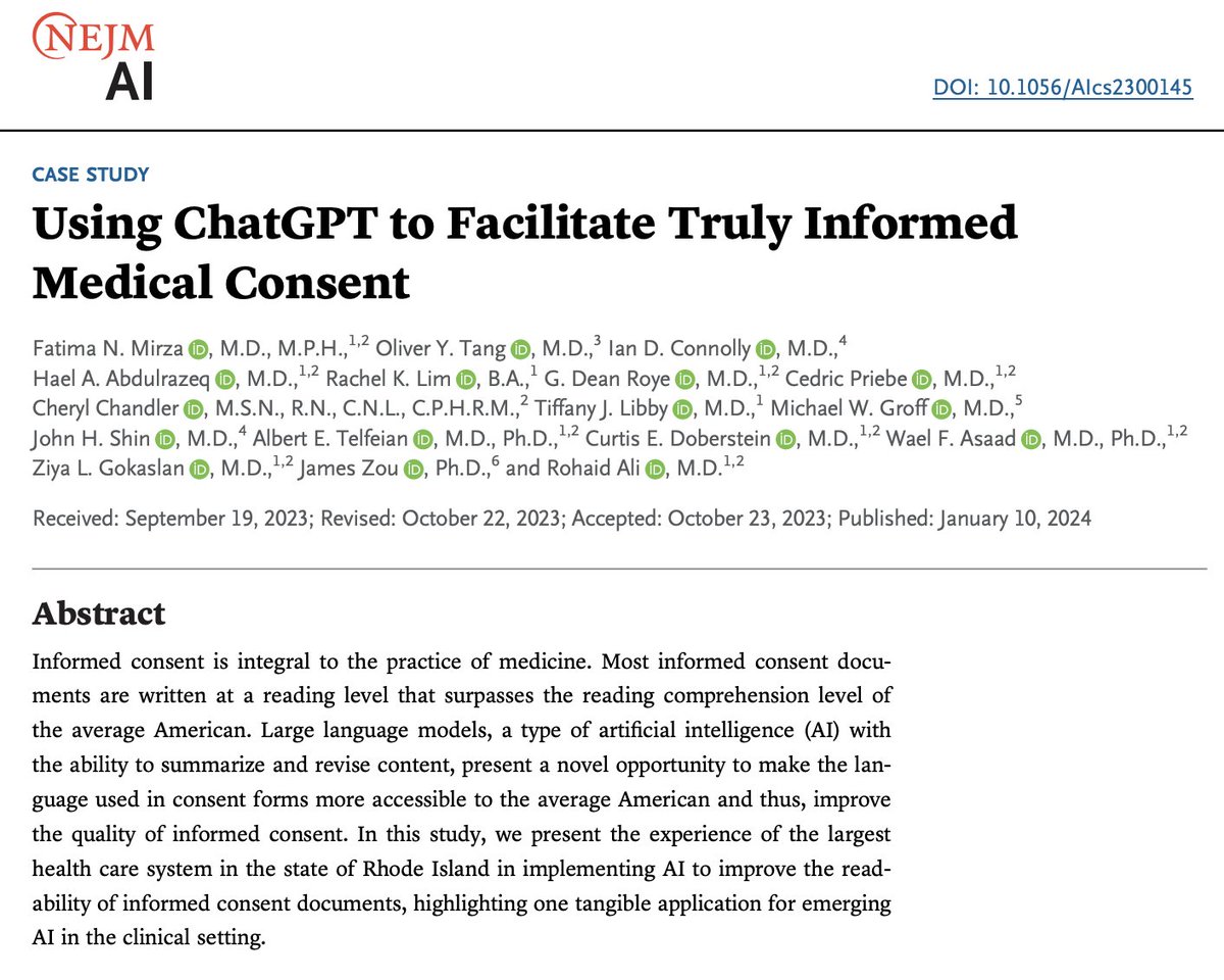 Every doctor that I admire empowers their patients to make informed healthcare decisions. 

So why are hospital-issued consent forms so often filled with needless jargon?

Our blueprint to change this reality (with ChatGPT's help) out today in <a href="/NEJM_AI/">NEJM AI</a>:

ai.nejm.org/doi/full/10.10…