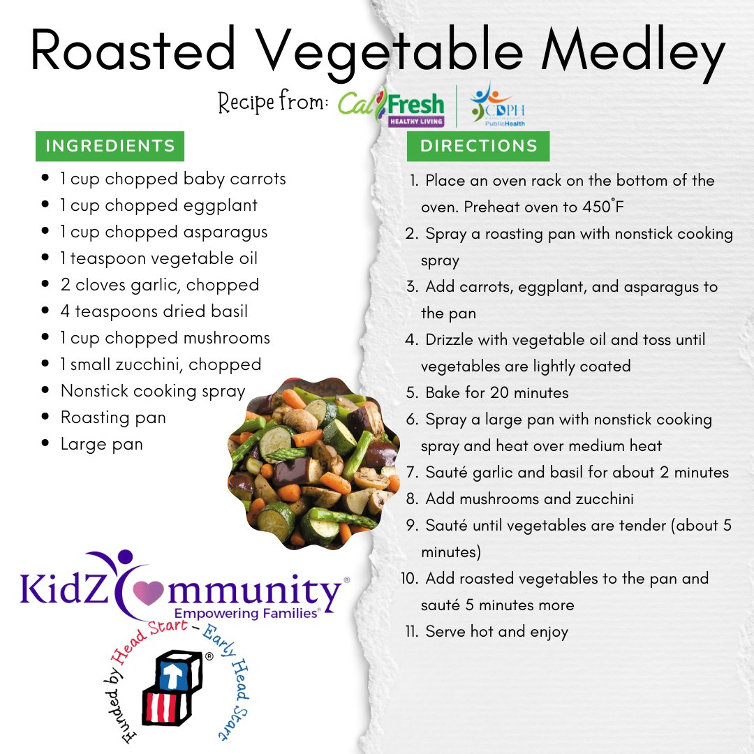 #KidZCommunity #MenuMonday - Try this roasted vegetable medley recipe from #CalFreshHealthyLiving  💜

#HeadStart #EarlyHeadStart #EarlyLearning #EmpoweringFamilies #GetAHeadStart #ComeEatWithUs #NowHiring #NowEnrolling #PlacerCounty #NevadaCounty