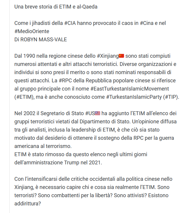 CCKKI's tweet image. Una breve storia di #ETIM e #alQaeda.
Come i jihadisti della #CIA hanno creato il caos in #Cina🇨🇳 e #MedioOriente, di  ROBYN MASS-VALE

Intense critiche occidentali alla politica cinese in #Xinjiang, ma chi è l’ETIM?
Terroristi? Combattenti? Attivisti?
t.me/DDGeopolitics/…