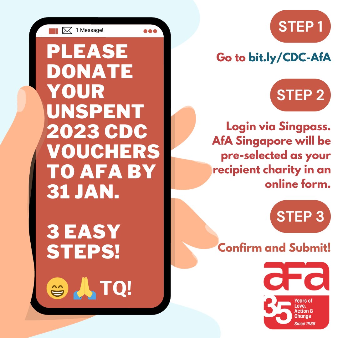 Please consider donating your unused 2023 CDC vouchers to AfA Singapore by 31st Jan and help support our mission.

To start, proceed to bit.ly/CDC-AfA and follow the steps provided. 

Thank you so much for your consideration and support!