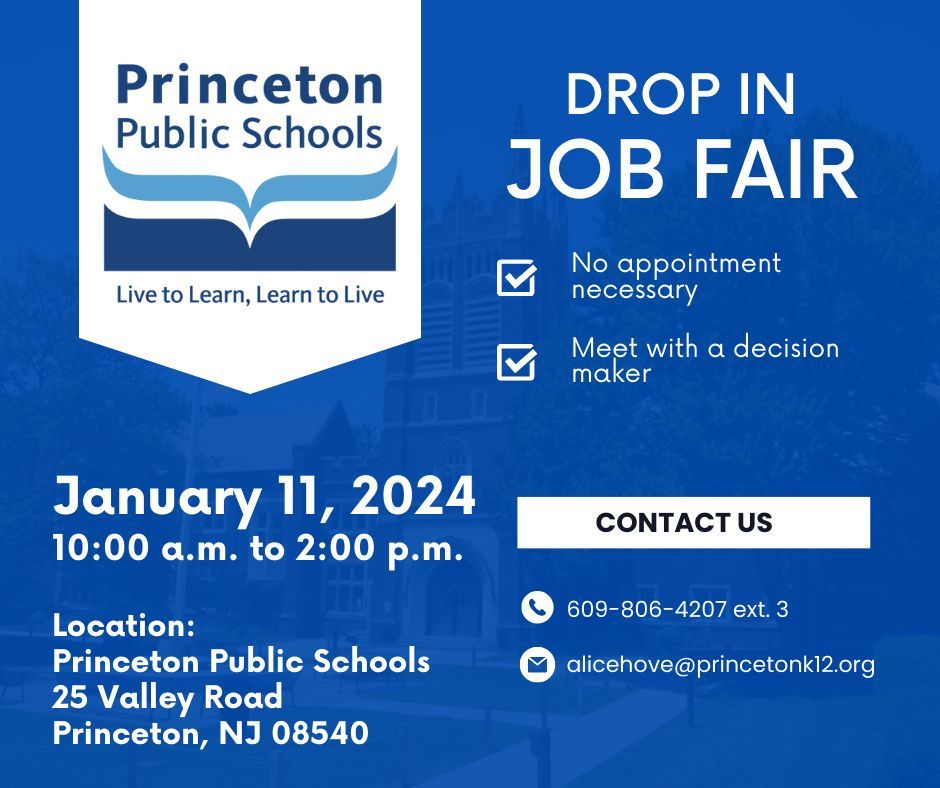 princetonK12's tweet photo. REMINDER! We are hiring! Join us tomorrow from 10:00 a.m. - 2:00 p.m. for a Drop in Job Fair. No appointment is necessary and attendees can meet with a decision maker. Learn more about our employment opportunities here: https://t.co/VLiH5DQjeA https://t.co/0S8B8BZERJ
