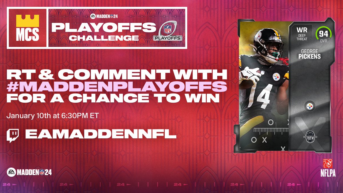 EASPORTS_MUT's tweet image. RT &amp;amp; Comment #MaddenPlayoffs for a chance to win a George Pickens for your squad 🏈

Tune-in to the MCS broadcast: twitch.tv/eamaddennfl #Madden24