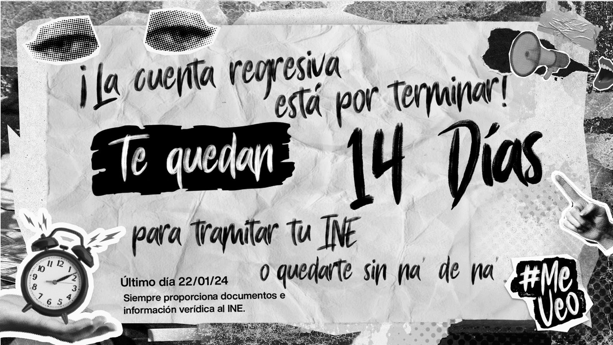 Estamos en cuenta regresiva…
El momento es AHORA.

Pasa la voz —>*Ya no necesitas cita*

Entre hoy y el 22 de enero, acércate al módulo que quieras del país con tus documentos y saca o actualiza tu INE.

Consulta la ubicación y horarios de los módulos en: ubicatumodulo.ine.mx