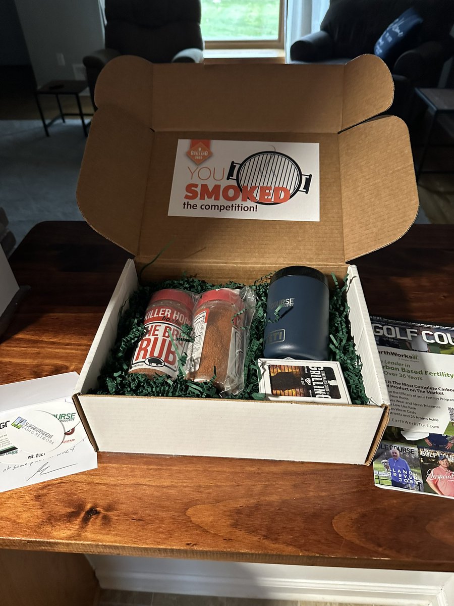Really cool afternoon surprise! Thanks <a href="/GCImagazine/">GOLF COURSE INDUSTRY</a> ! Everyone, submit your favorite recipe this year to the 2024  #TurfHeadsgrilling cookbook! Killer hogs rub goes on all pork thanks to RW’s advice. My better half claimed the yeti 4 her Labatt lite. The cards are euchre ready.