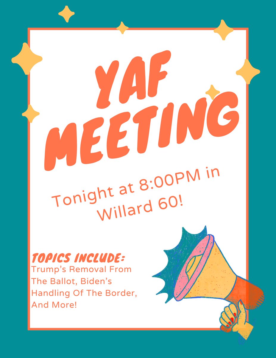 PSU_YAF's tweet photo. Hey #PennState we are having our first meeting of the semester at 8:00PM in Willard Room 60! We’re expecting to have a fun meeting so come on down! https://t.co/mkPEu0Eh8I