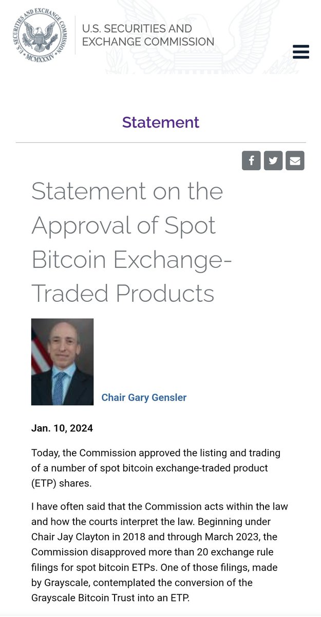 이제 시작!
Statement on the Approval of Spot Bitcoin Exchange-Traded Products / SEC

sec.gov/news/statement…