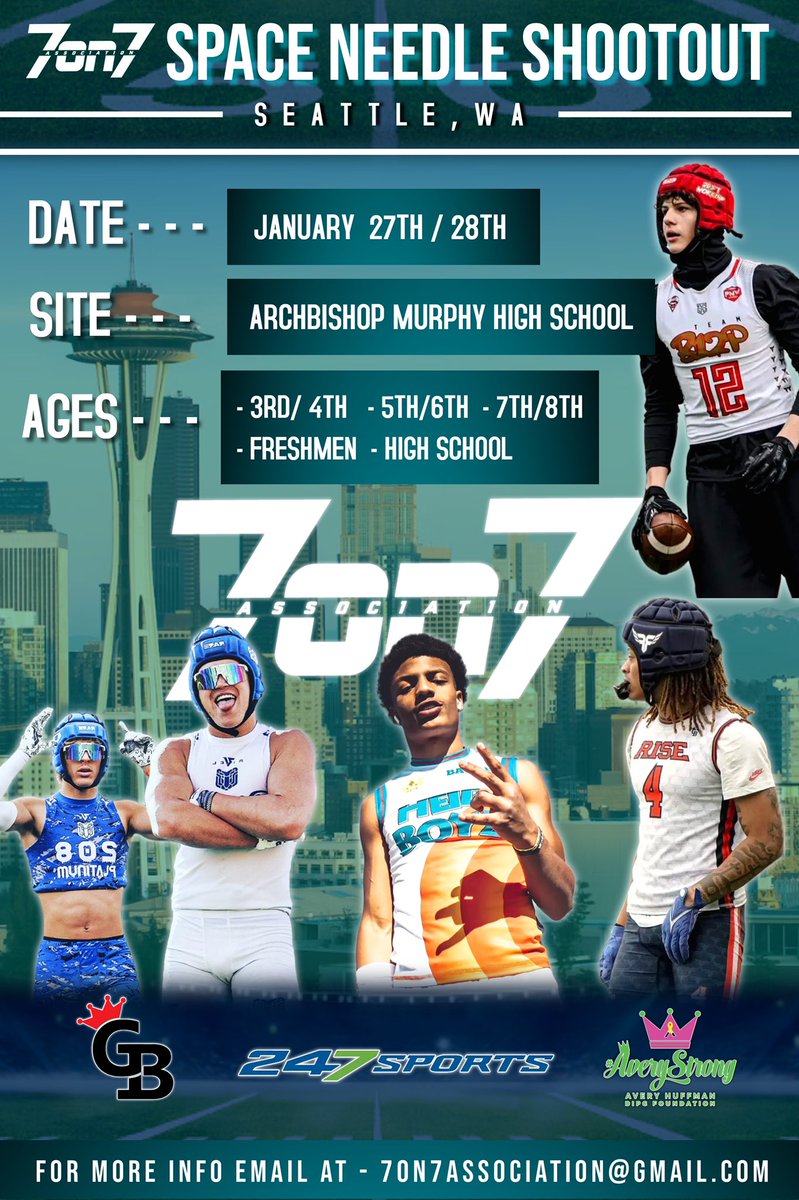 The7on7NW's tweet photo. The 3rd Annual Space Needle shootout is going down in a few weeks!
We will be dropping more individual tournament fliers in the next few days. 2024 is going to be a great year! We look forward to seeing lots of returning programs as well as new ones competing in our circuit ๐ https://t.co/w3RC8kUz4S