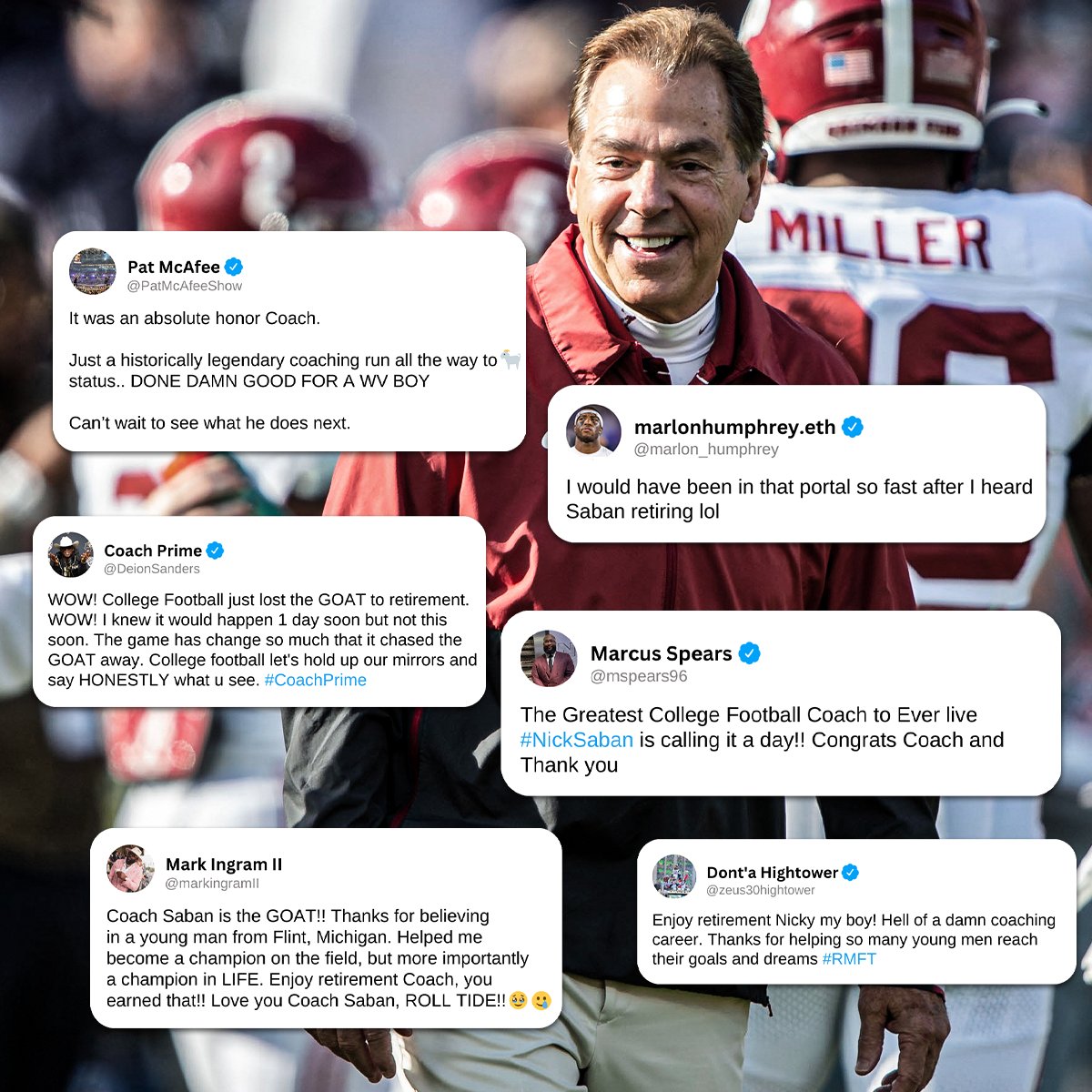 Former players of Nick Saban and the CFB community reacted to his retirement.