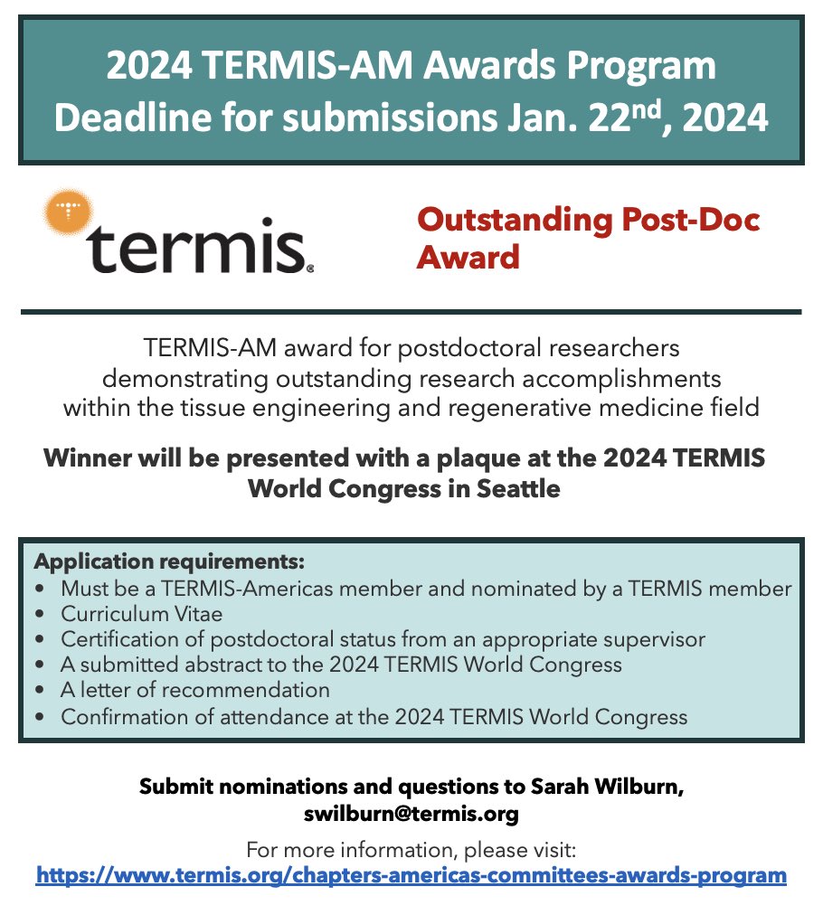 TERMIS World Congress 2024 will take place in Seattle🙌The call for nominations for the 2024 TERMIS awards is now open! If you know an outstanding student or post-doc who should be considered for an award🏆, go to termis.org/chapters-ameri… for submission info. Deadline is Jan 22nd