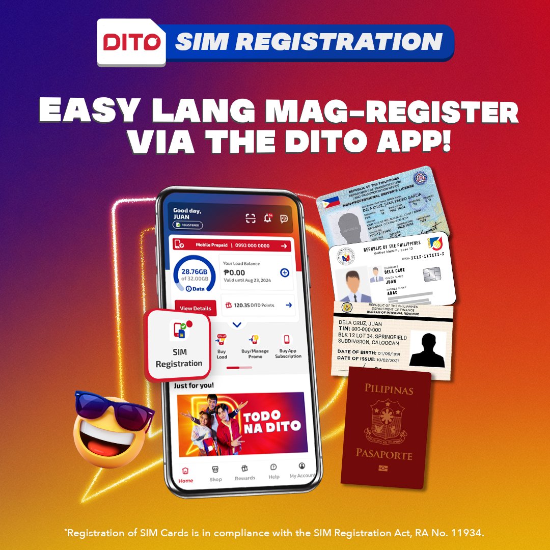 DITOphofficial's tweet photo. Easy lang mag-register ng NEW DITO SIM Starter Pack* mo via the DITO App: https://t.co/lL8v2Kp6Us π±
#RegisterDITO #DITOtelecommunity
*SIM Registration for DITO Mobile Prepaid, Mobile Postpaid, and DITO Home are in compliance with the SIM Registration Act, RA No. 11934 https://t.co/cn91IeGWcY