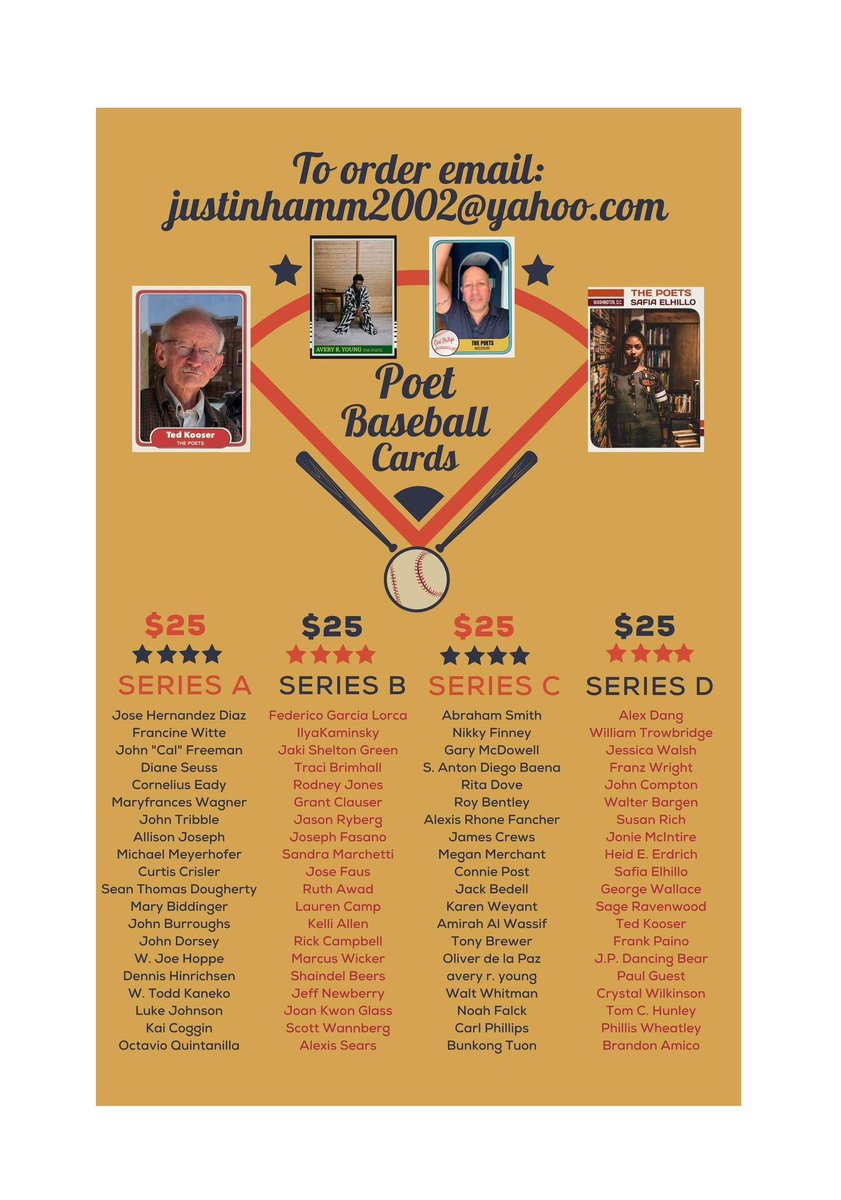 poetbaseball's tweet photo. Here is the updated list of available Poet Baseball Cards. If you’d like to order some sets to have on hand for AWP to collect autographs, let me know ASAP, and I can fill orders quickly. https://t.co/BRuZXH3qoB