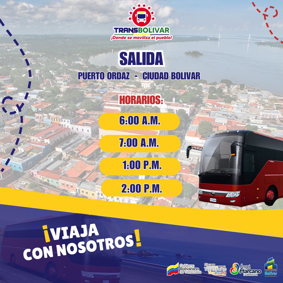 #TomaNota || Viaja con nosotros desde Puerto Ordaz a Ciudad Bolívar. Somos garantía de seguridad y confort.

🚩¡En Bolívar seguimos fortaleciendo la Gran Misión Transporte!👊🏽

#CitgoEsDeVenezuela 
#GMTVzlaIndetenible
