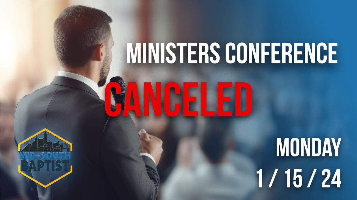 MidSouthBaptist's tweet photo. Due to the potential chance of inclement weather and below freezing temperatures, the Minister Conference for Monday, January 15 at Bellevue has been canceled. 
Stay warm and safe. Don’t forget to let those pipes drip your friends at the Mid-South Baptist Association. https://t.co/EA7BMZMkTm