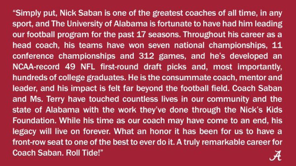 SSN_Alabama's tweet photo. Alabama has officially made it official, via AD Greg Byrne.

A statement on Saban’s retirement: https://t.co/RTT5u4Sosf