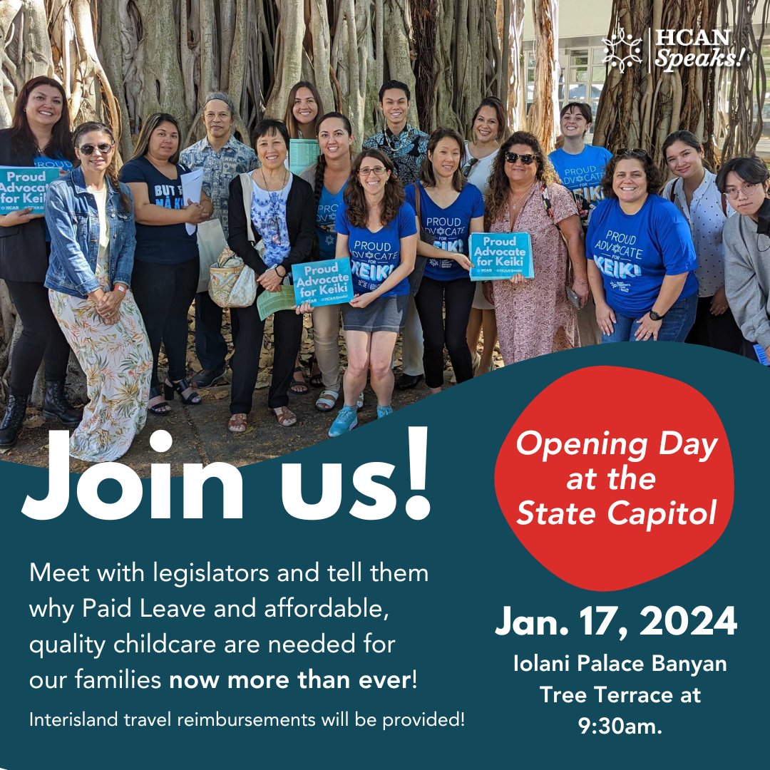 hcanspeaks's tweet photo. One week away from Opening Day! Join us at 9:30AM next Wednesday, 1/17 at the Capitol to meet with legislators and tell them why #PaidLeave and affordable, quality childcare are needed for our families now more than ever! #OhanaFirst #OpeningDay2024
https://t.co/x2pgBxZEnW https://t.co/qhv8tJ1uhX