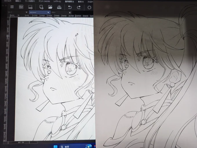 実際の原稿とデータを比べてみる。
これくらいの表示サイズでペン入れ出来ればデジタルでもスピードアップが期待できるが……細かい所が見えない💦 