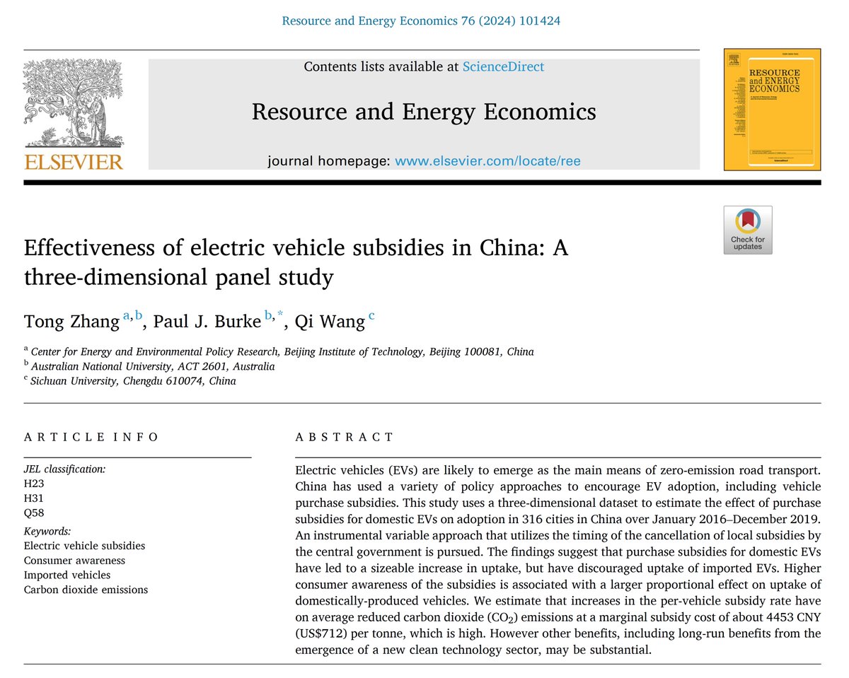 Congratulations to Prof Paul Burke @burke_ec and his team on their recent publication. Read the paper at: quicklink.anu.edu.au/5li4 The study reveals that while domestic EV purchase subsidies in China significantly boost adoption, they deter uptake of imported EVs, impacting the…