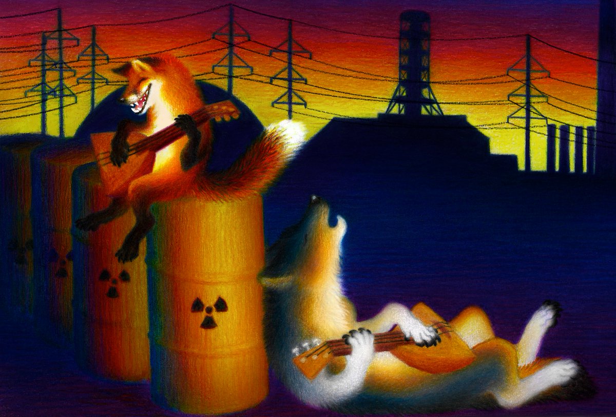 Ink_the_artist_'s tweet photo. I was rewatching ep 23 of @wtyppod , they were talking about the Chernobyl exclusion zone and Alice said "The wildlife were returning they were sitting on barrels playing balalaikas" I was so enamored by that image I had to draw it https://t.co/Qo7XyyibDv