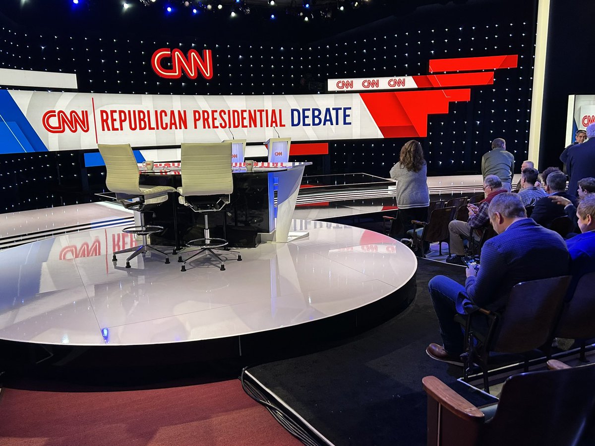 FrankLuntz's tweet image. A small stage for a very important evening. 

Who thinks the first question will be about Chris Christie?  #GOPDebate