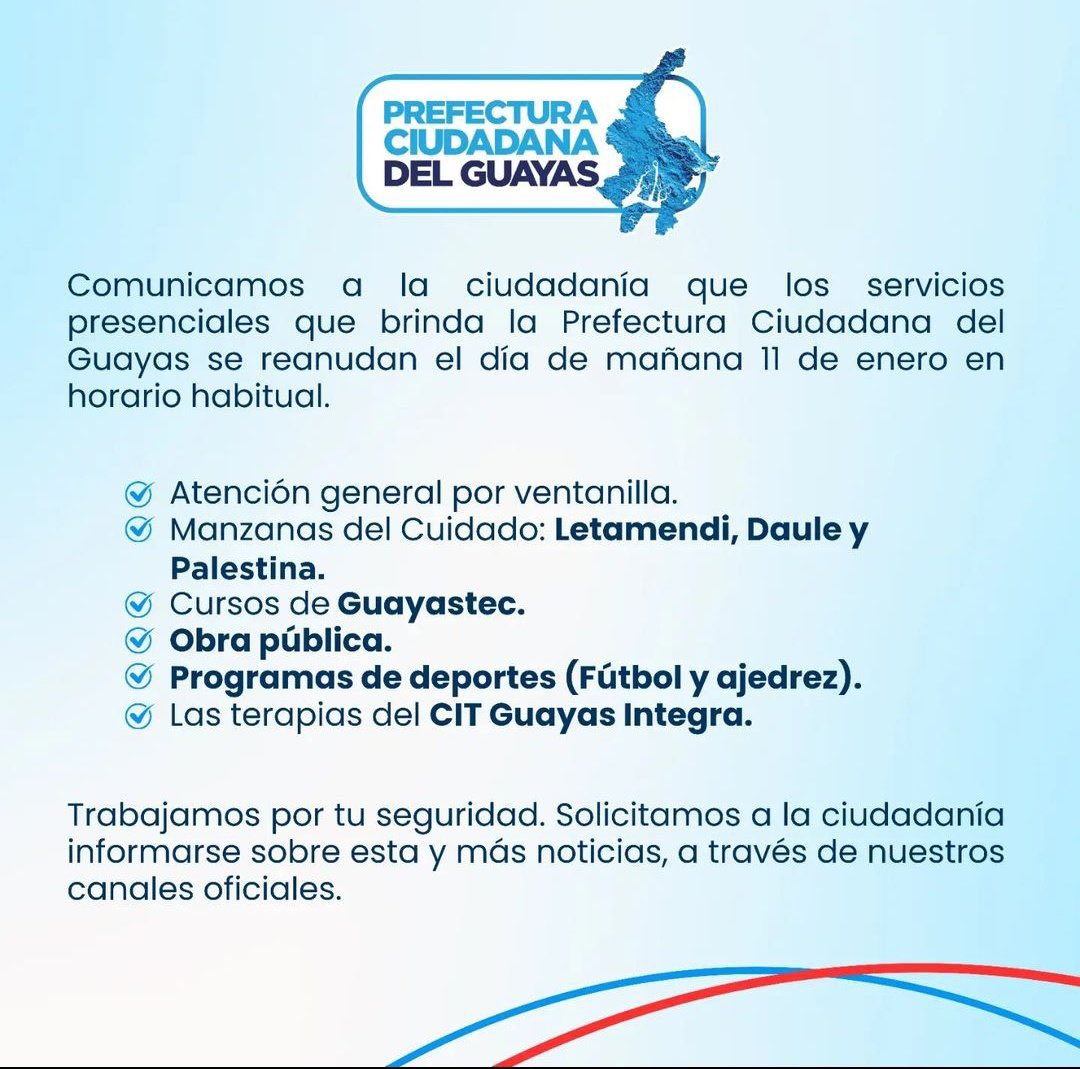 📢 #GuayasInforma | ¡Aviso importante! 
Comunicamos a la ciudadanía que los servicios que brinda la <a href="/PrefGuayas/">Prefectura del Guayas</a> se reanudan el día jueves 11 de enero en horario habitual 
#GuayasSeMueveAlCambio 
<a href="/marcelaguinaga/">Marcela Aguiñaga</a>